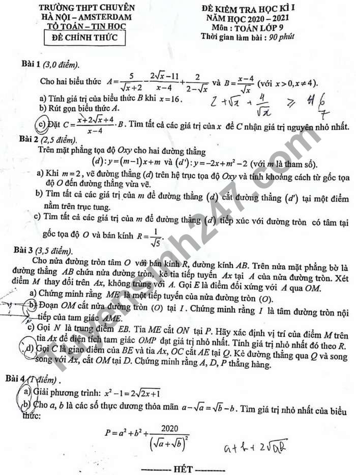 Đề thi học kì 1 năm 2020 môn Toán 9 Trường Chuyên Hà Nội-Amsterdam