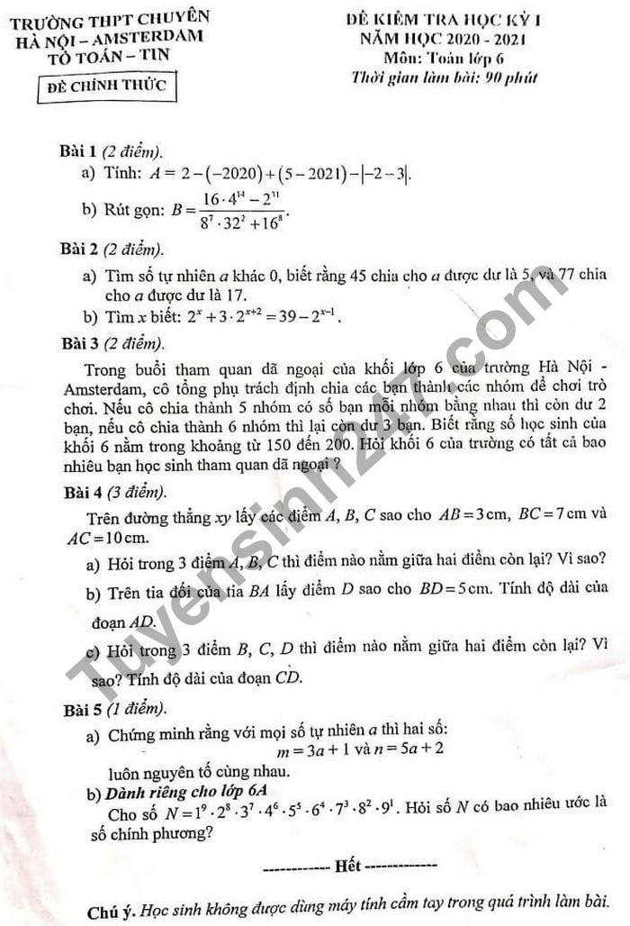 Đề kiểm tra HK1 môn Toán lớp 6 Trường Chuyên Hà Nội-Amsterdam 2020