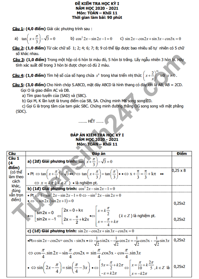 Đáp án đề thi HK1 THPT Lương Văn Can năm 2020 môn Toán lớp 11