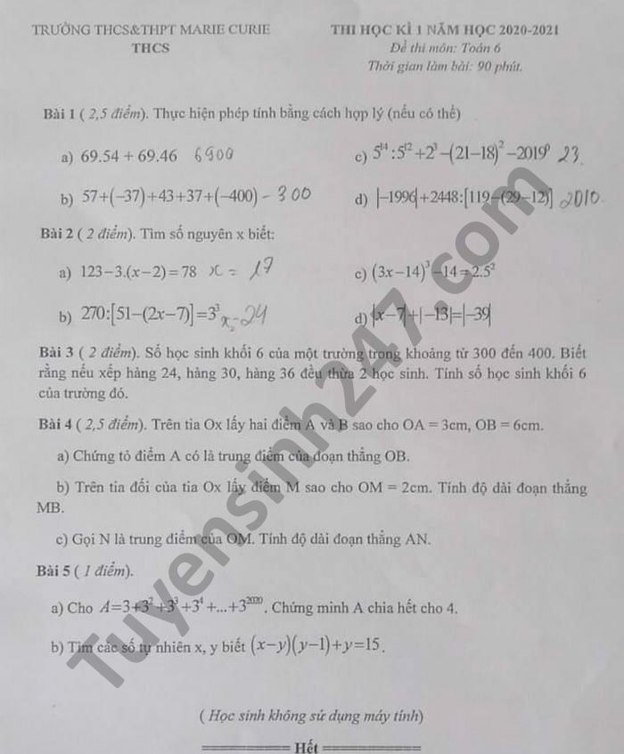 Đề thi HK1 THCS-THPT Marie Curie môn Toán lớp 6 năm 2020 