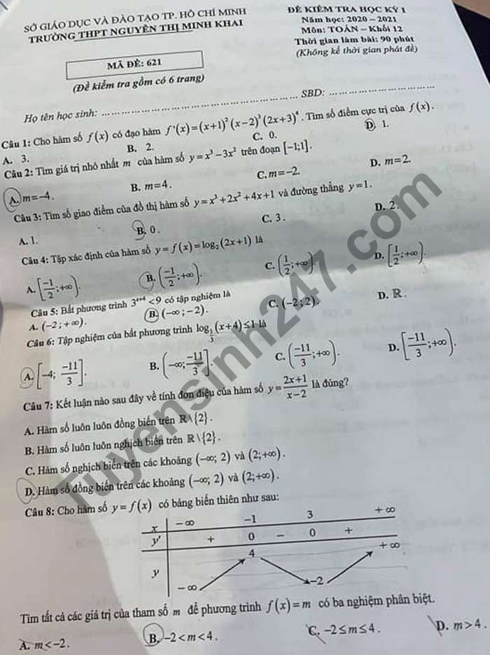 Đề thi học kì 1 lớp 12 môn Toán năm 2020 THPT Nguyễn Thị Minh Khai