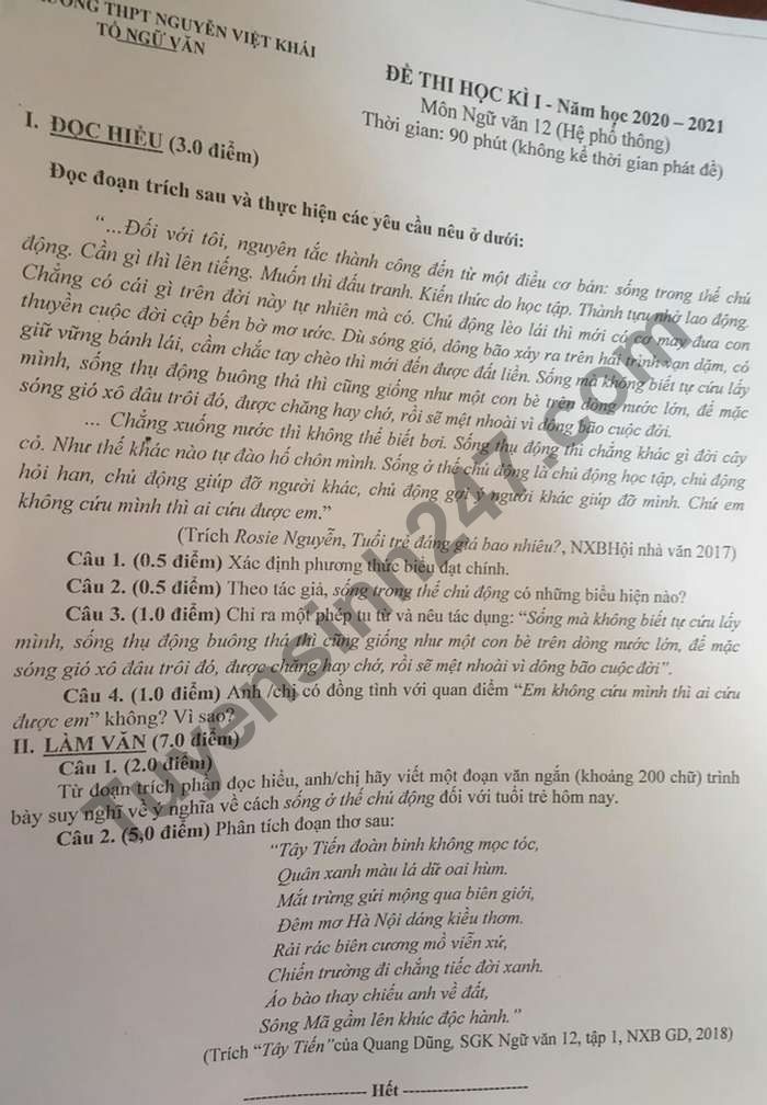 Đề thi học kì 1 môn Văn lớp 12 THPT Nguyễn Việt Khái năm 2020 