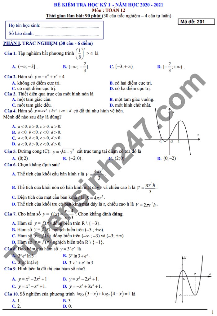 Đáp án đề kiểm tra HK1 THPT Lương Văn Can môn Toán 12 năm 2020