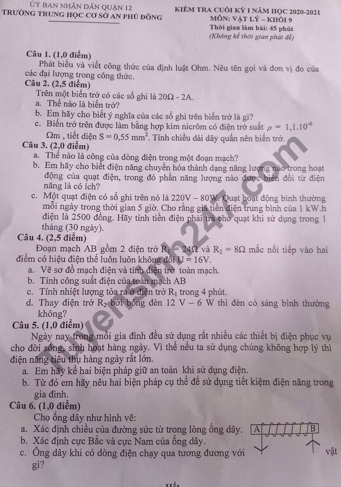 Đề thi HK1 môn Lý lớp 9 năm 2020 THCS An Phú Đông 