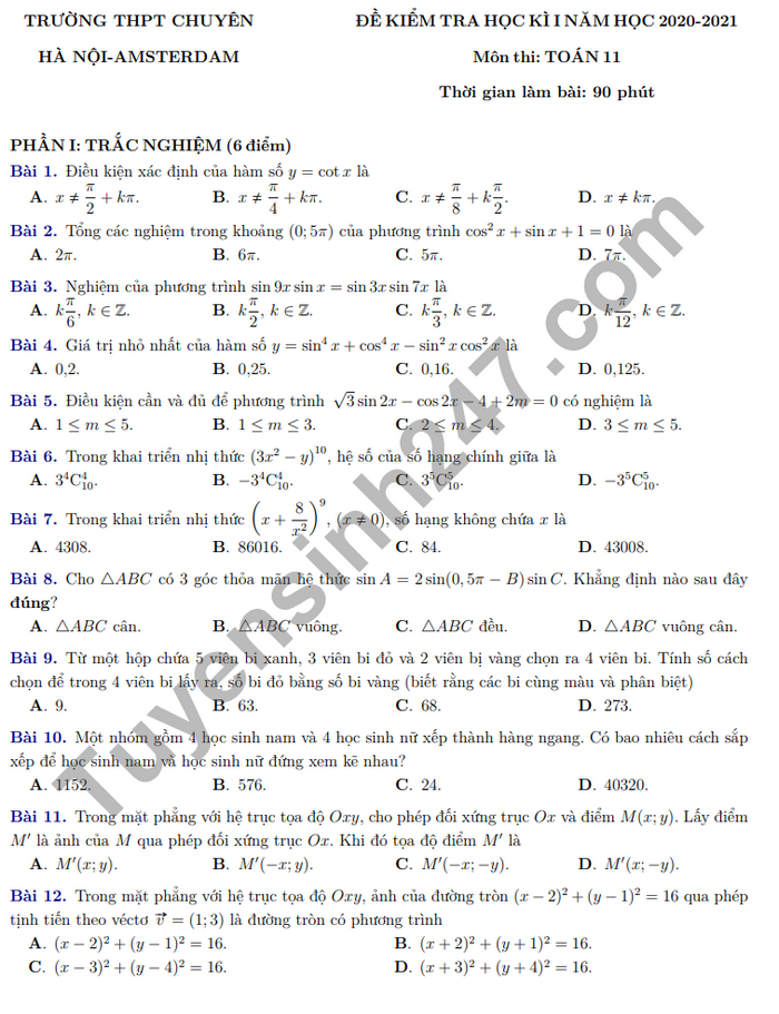 Đề thi học kì 1 môn Toán lớp 11 năm 2020 THPT chuyên Amsterdam 