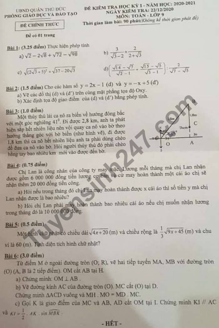 Đề thi HK1 môn Toán lớp 9 năm 2020 Quận Thủ Đức