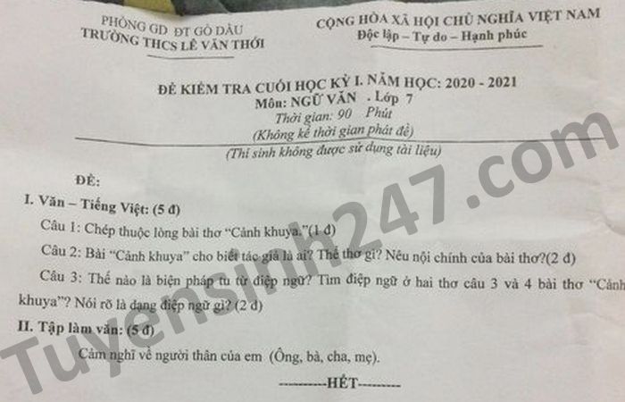 Đề thi HK1 môn Văn lớp 7 THCS Lê Văn Thới năm 2020 