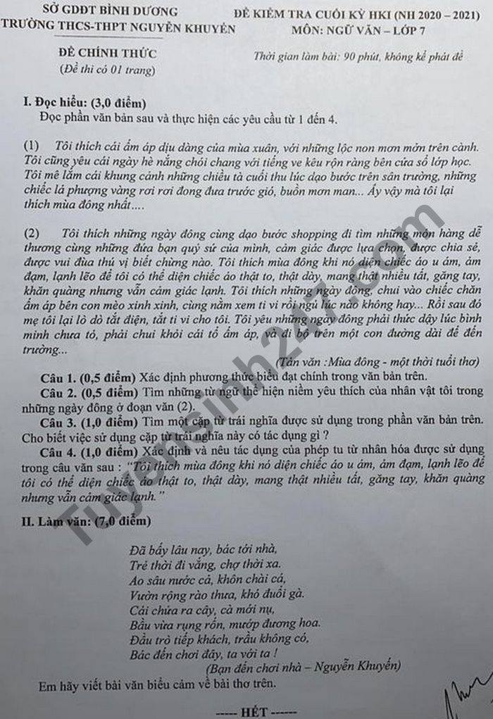 Đề thi HK1 năm 2020 môn Văn lớp 7 THCS-THPT Nguyễn Khuyến