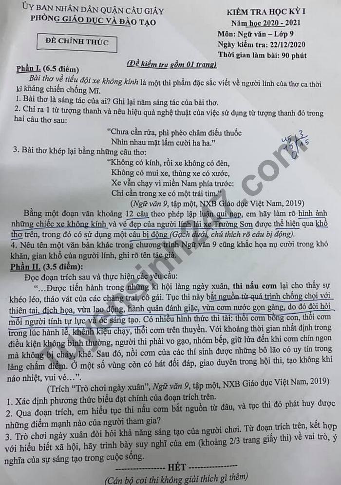 Đề thi HK1 lớp 9 môn Văn năm 2020 Phòng GD Quận Cầu Giấy 