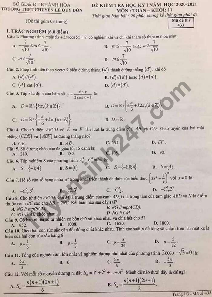 Đề kiểm tra HK1 môn Toán lớp 11 THPT Chuyên Lê Quý Đôn 2020