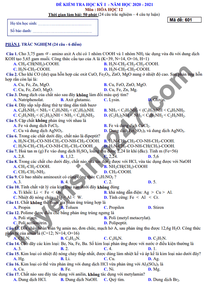 Đáp án đề thi học kì 1 lớp 12 môn Hóa THPT Lương Văn Can năm 2020