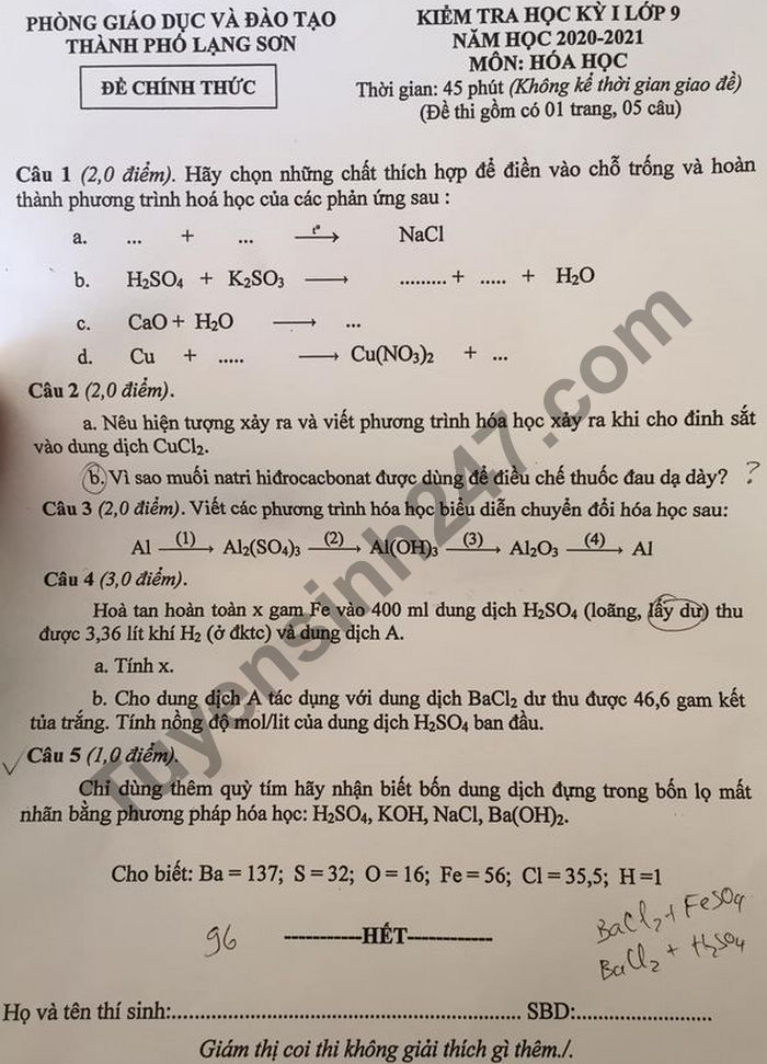 Đề kiểm tra HK1 lớp 9 Phòng GD TP Lạng Sơn môn Hóa năm 2020