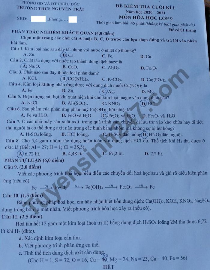 Đề kiểm tra học kì 1 THCS Nguyễn Trãi môn Hóa lớp 9 năm 2020