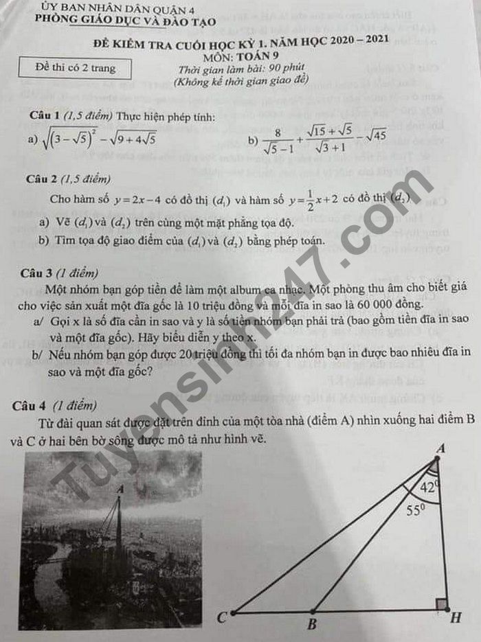 Đề kiểm tra HK1 lớp 9 môn Toán năm 2020 Phòng GD Quận 4