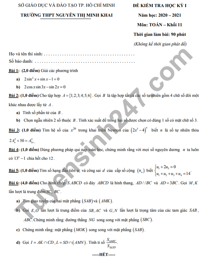 Đề thi HK1 THPT Nguyễn Thị Minh Khai Toán lớp 11 năm 2020