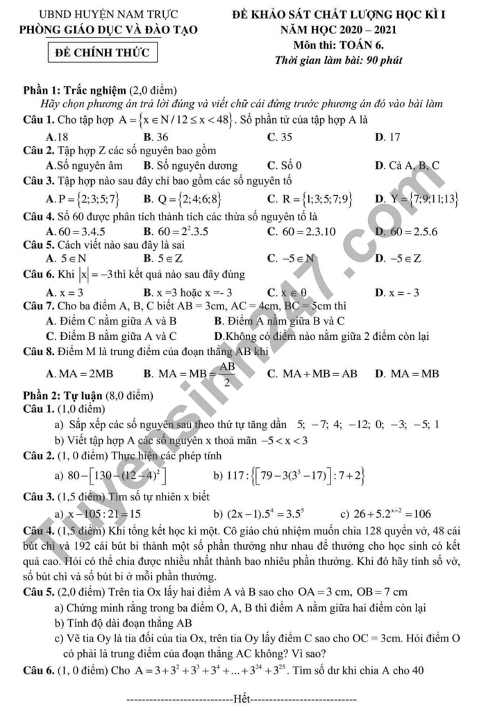 Đề thi HK1 huyện Nam Trực môn Toán lớp 6 năm 2020
