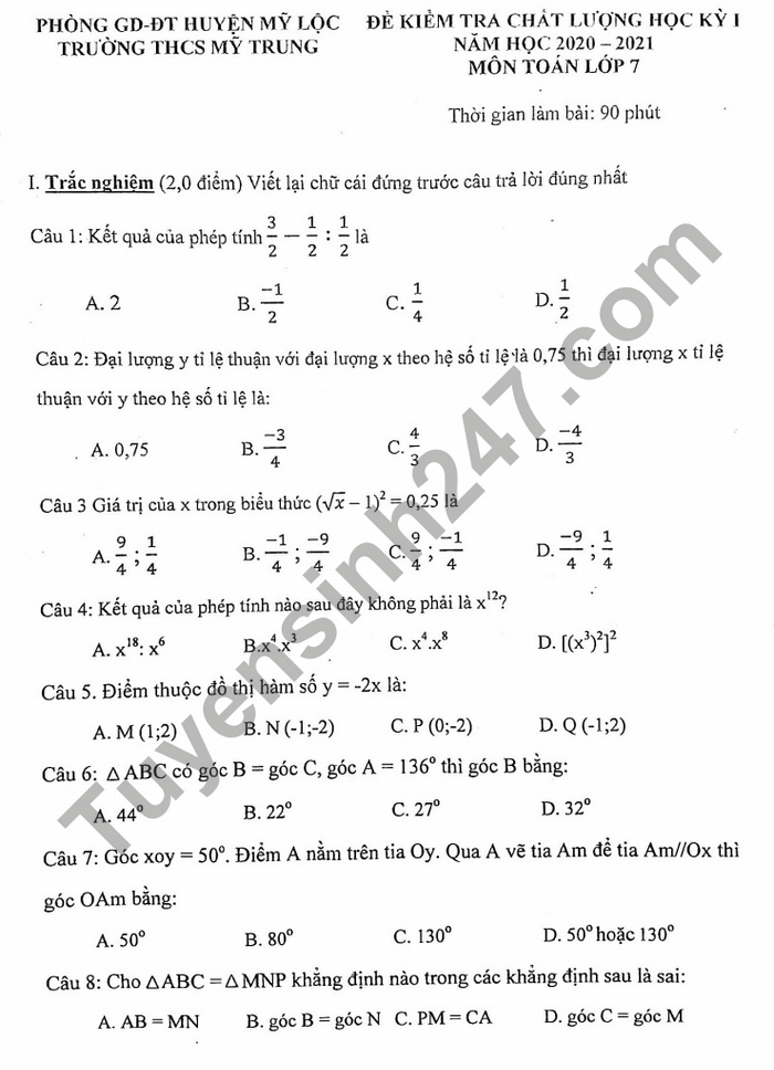 Đề thi HK1 môn Toán lớp 7 năm 2020 THCS Mỹ Trung