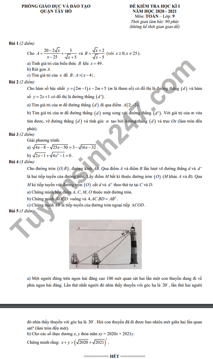 Đề thi HK1 Quận Tây Hồ môn Toán lớp 9 năm 2020