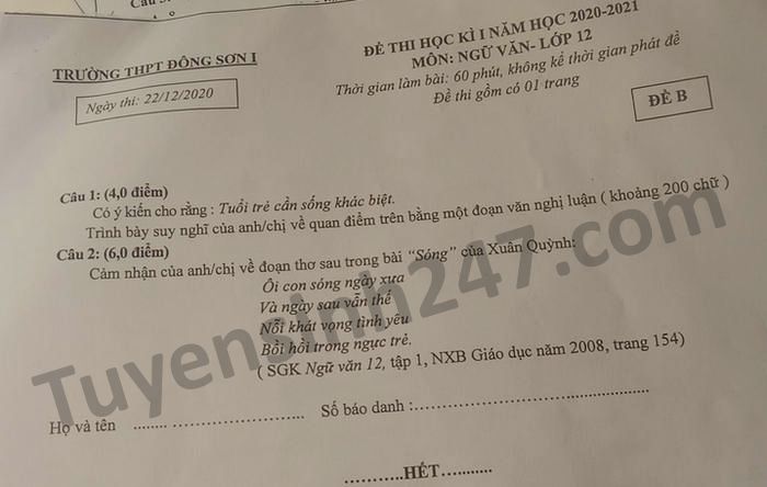 Đề thi HK1 lớp 12 môn Văn năm 2020 THPT Đông Sơn 1