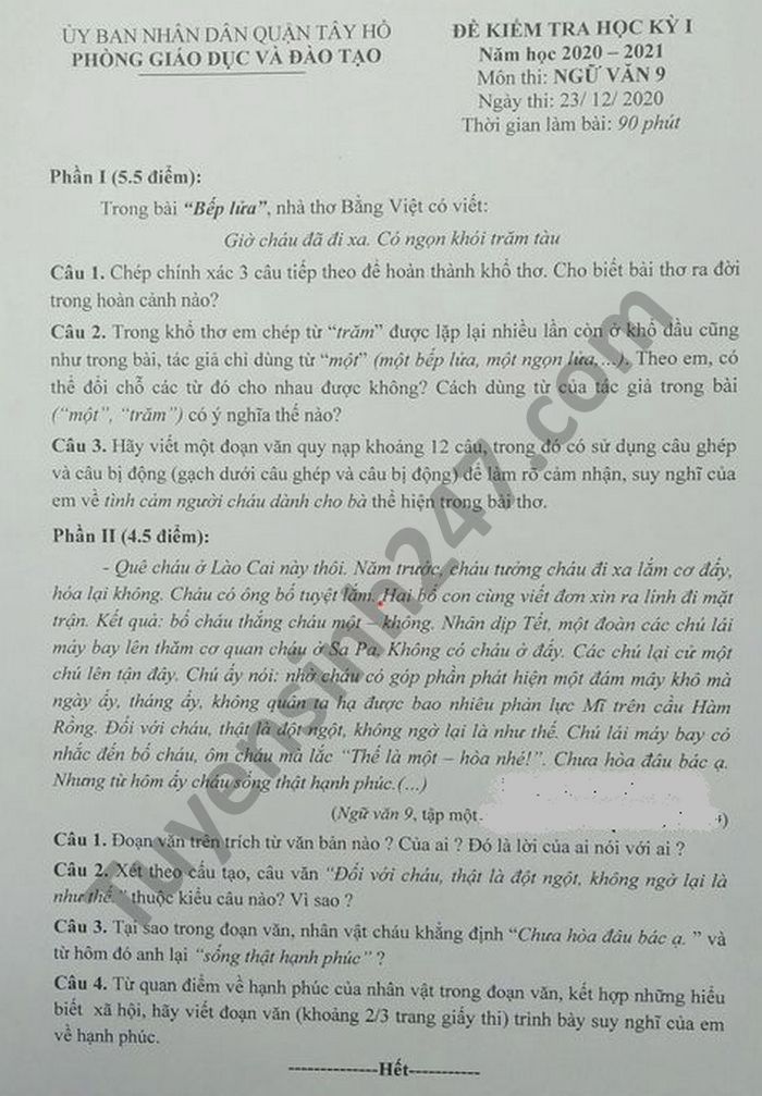 Đề thi HK1 môn Văn lớp 9 năm 2020 Quận Tây Hồ
