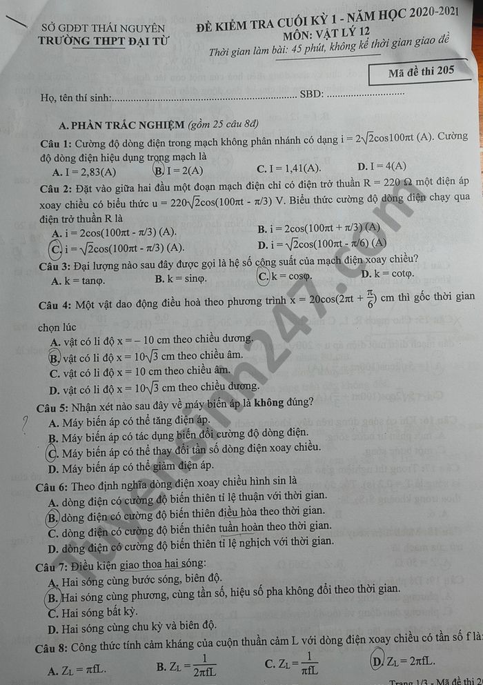 Đề thi HK1 THPT Đại Từ môn Lí lớp 12 năm 2020