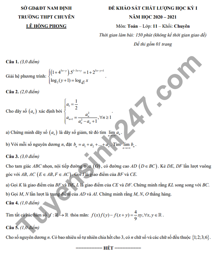 Đề thi học kì 1 THPT chuyên Lê Hồng Phong Toán lớp 11 năm 2020