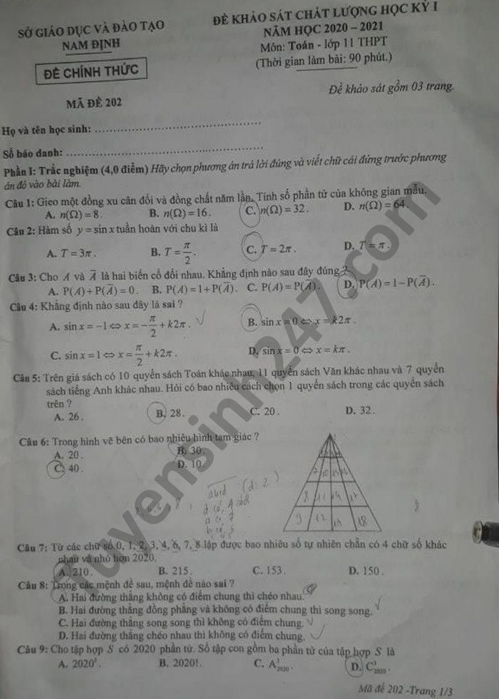 Đề thi học kì 1 lớp 11 môn Toán năm 2020 tỉnh Nam Định