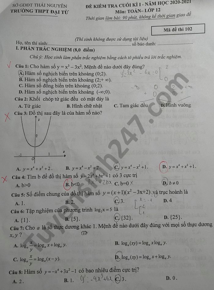 Đề thi HK1 năm 2020 môn Toán lớp 12 THPT Đại Từ