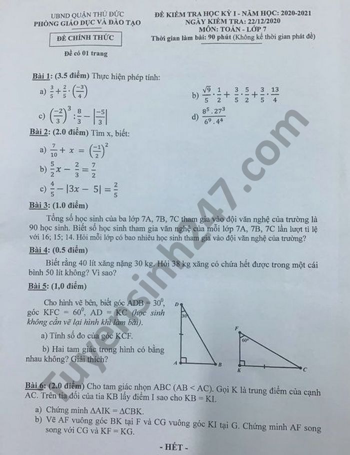 Đề thi học kì 1 năm 2020 Quận Thủ Đức môn Toán lớp 7