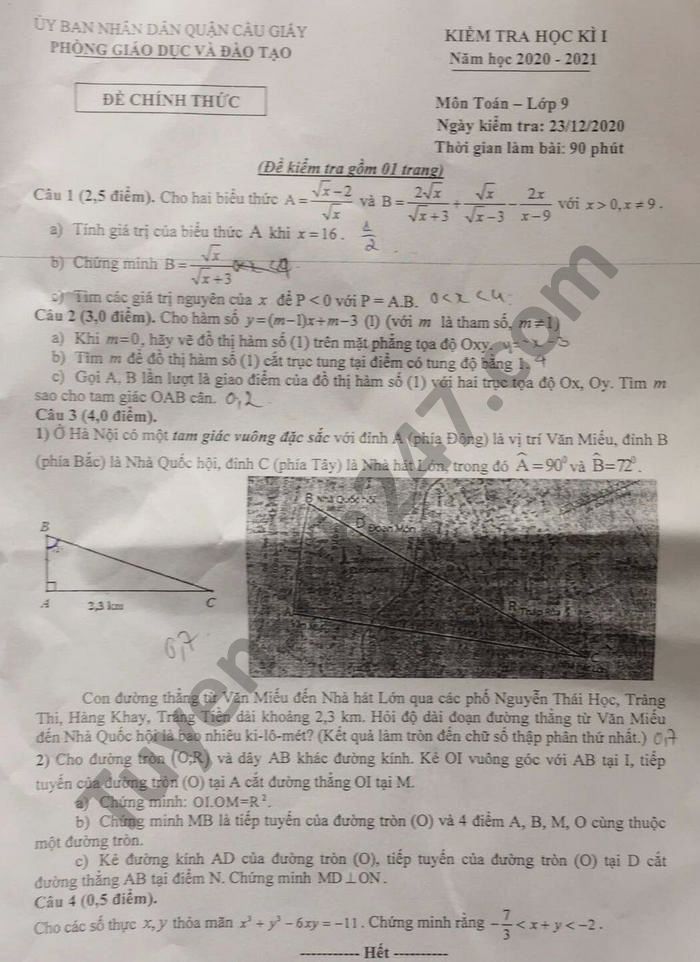 Đề thi HK1 môn Toán lớp 9 năm 2020 Quận Cầu Giấy 