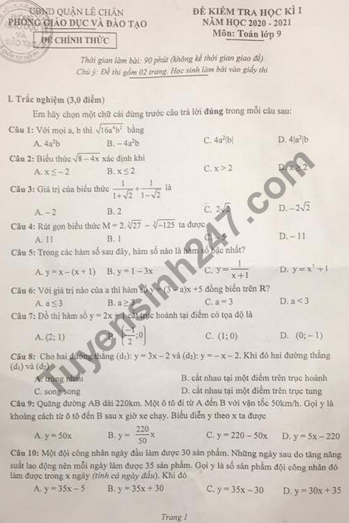 Đề thi học kì 1 môn Toán lớp 9 năm 2020 Quận Lê Chân