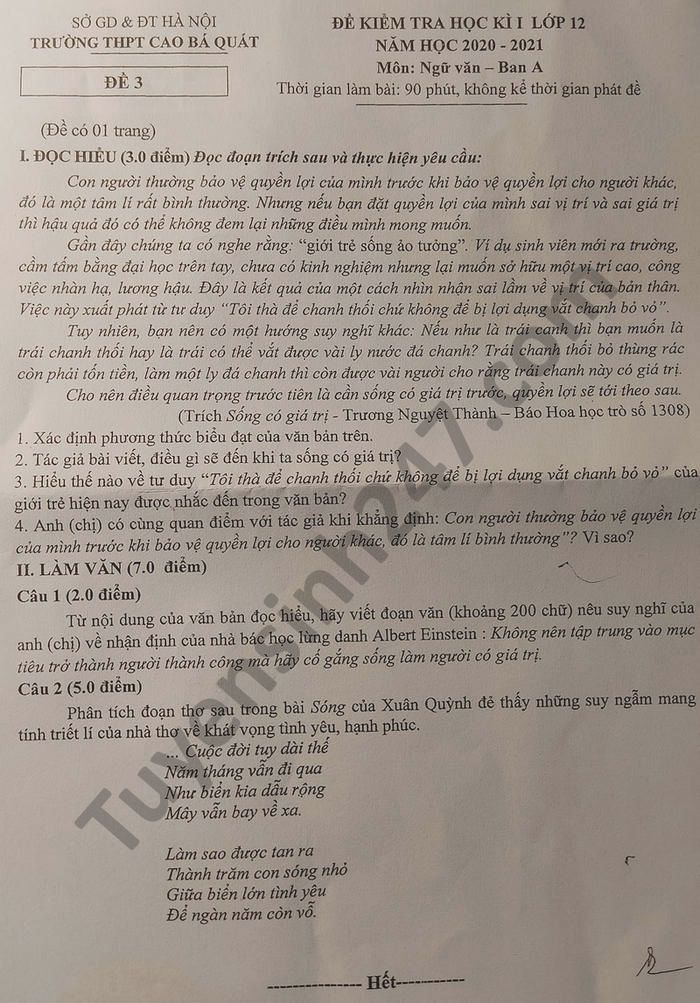 Đề thi học kì 1 THPT Cao Bá Quát môn Văn lớp 12 năm 2020
