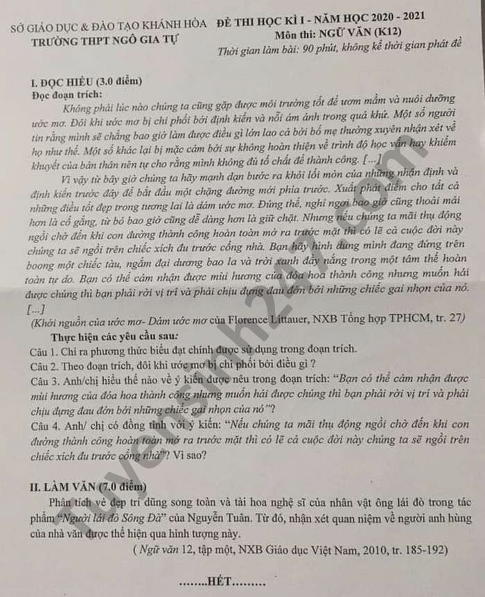 Đề thi học kì 1 môn Văn lớp 12 năm 2020 THPT Ngô Gia Tự