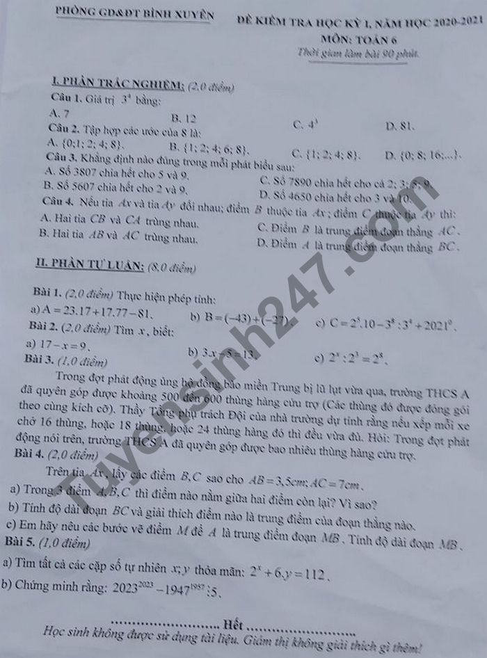 Đề thi học kì 1 lớp 6 môn Toán Phòng GD Bình Xuyên năm 2020