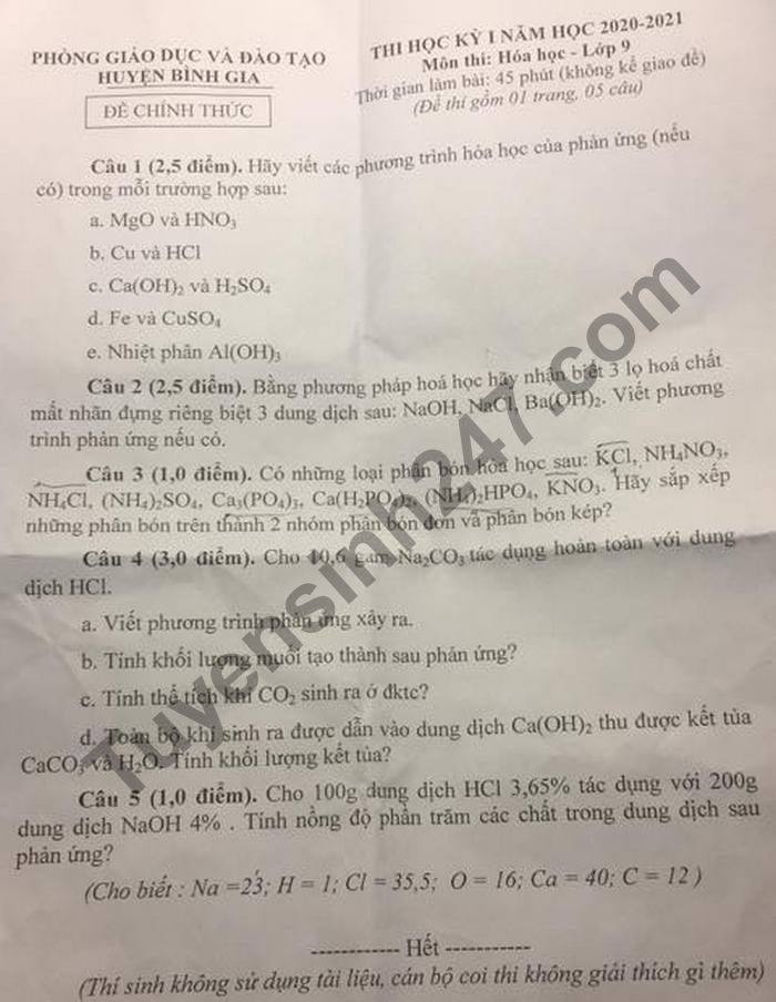 Đề thi học kì 1 môn Hóa lớp 9 huyện Bình Gia năm 2020 