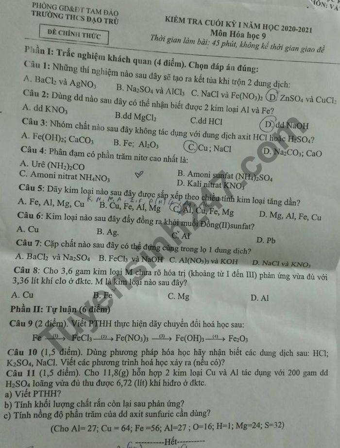 Đề thi học kì 1 môn Hóa lớp 9 THCS Đạo Trù năm 2020