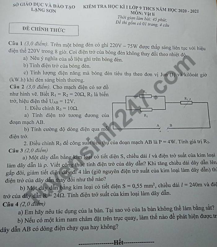 Đề thi học kì 1 tỉnh Lạng Sơn môn Lí lớp 9 năm 2020