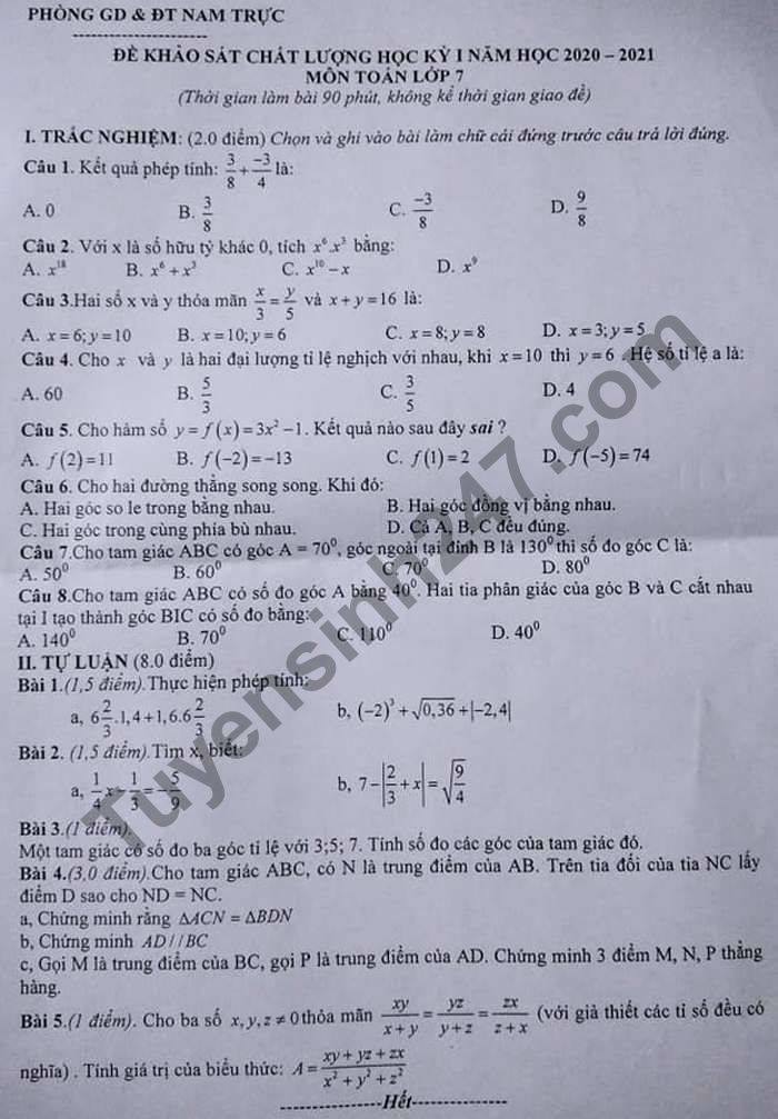 Đề thi học kì năm 2020 Toán lớp 7 huyện Nam Trực