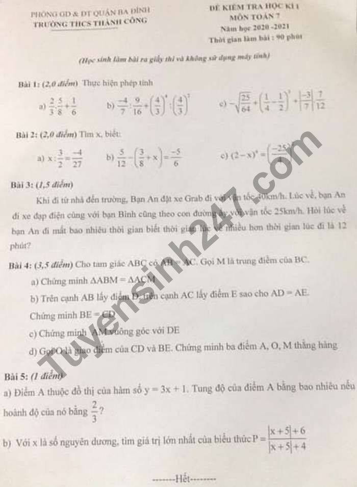 Đề thi học kì 1 Toán lớp 7 năm 2020 THCS Thành Công