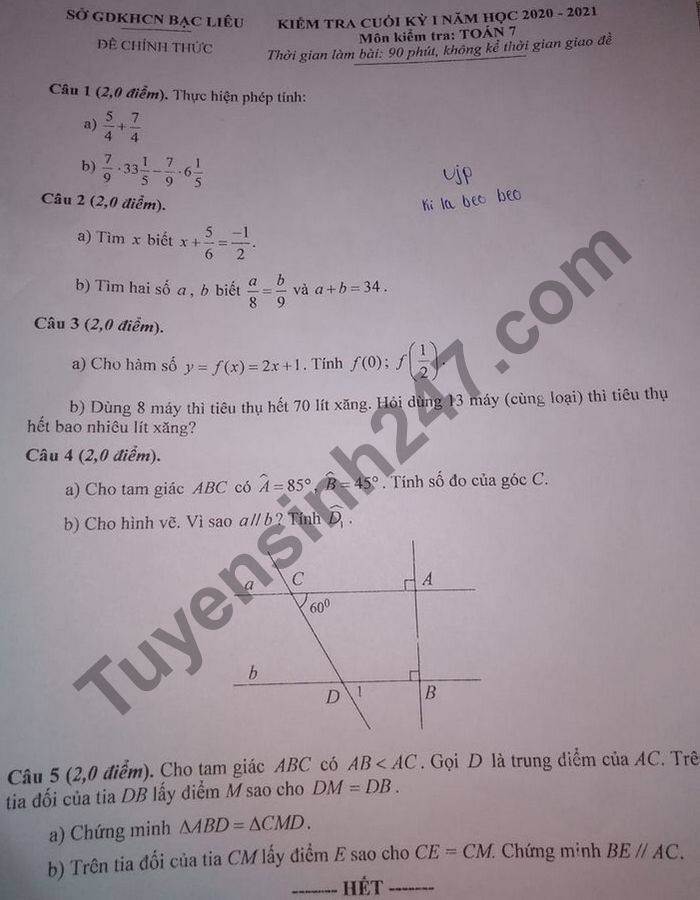 Đề thi học kì 1 môn Toán lớp 7 năm 2020 tỉnh Bạc Liêu