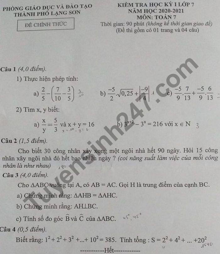 Đề thi học kì 1 môn Toán lớp 7 năm 2020 TP Lạng Sơn