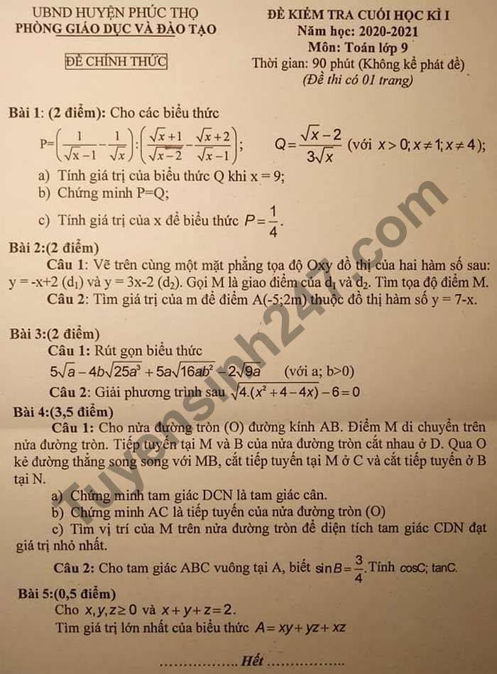 Đề thi học kì 1 môn Toán lớp 9 năm 2020 huyện Phúc Thọ