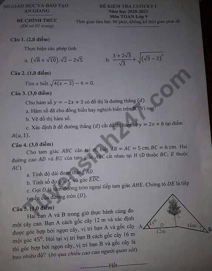 Đề thi học kì 1 lớp 9 năm 2020 môn Toán tỉnh An Giang 