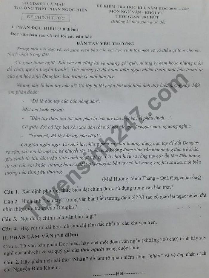 Đề thi học kì 1 năm 2020 môn Văn lớp 10 THPT Phan Ngọc Hiển 