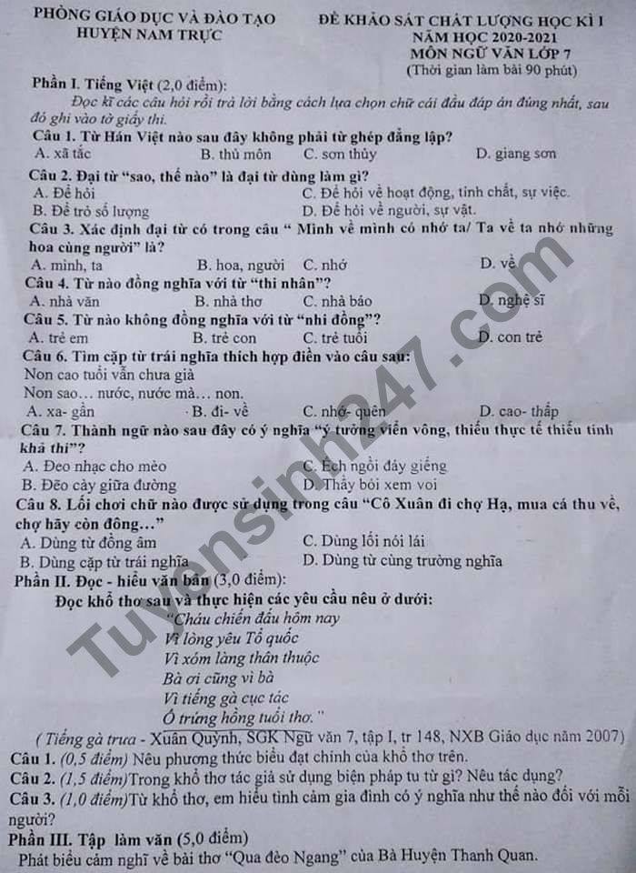 Đề thi học kì 1 môn Văn lớp 7 năm 2020 huyện Nam Trực