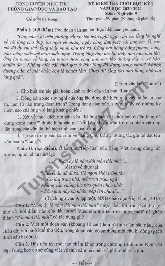 Đề thi học kì 1 môn Văn lớp 9 năm 2020 huyện Phúc Thọ