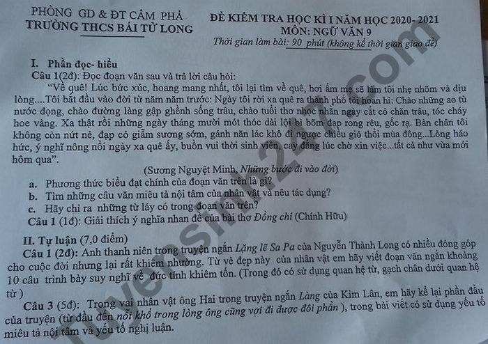Đề thi học kì 1 môn Văn lớp 9 năm 2020 THCS Bái Tử Long