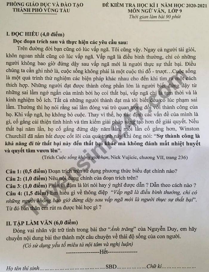 Đề thi học kì 1 môn Văn lớp 9 năm 2020 TP Vũng Tàu