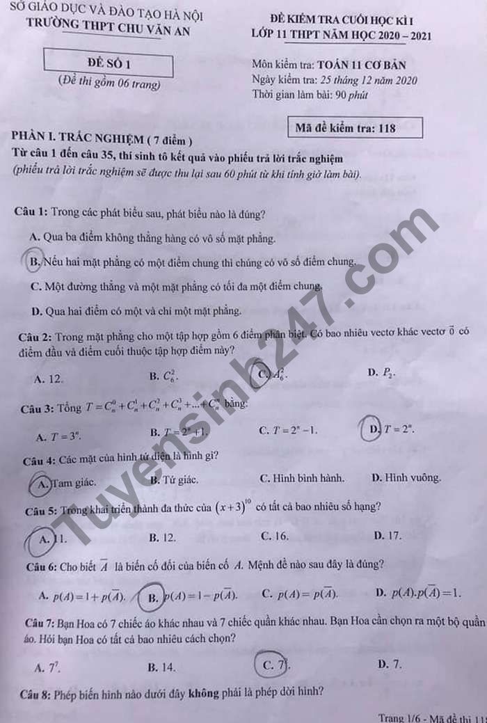 Đề thi học kì 1 lớp 11 môn Toán THPT Chu Văn An năm 2020