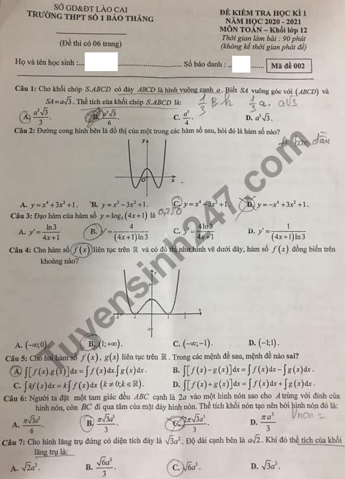 Đề thi học kì 1 THPT Số 1 Bảo Thắng môn Toán lớp 12 năm 2020